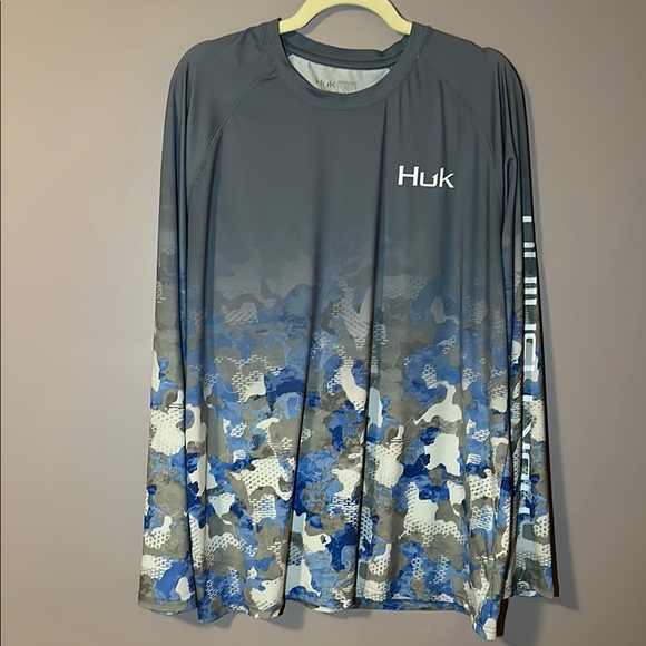 Huk Other - Huk Gray & Blue Rash Guard Swim Performance Fish Shirt  - XL